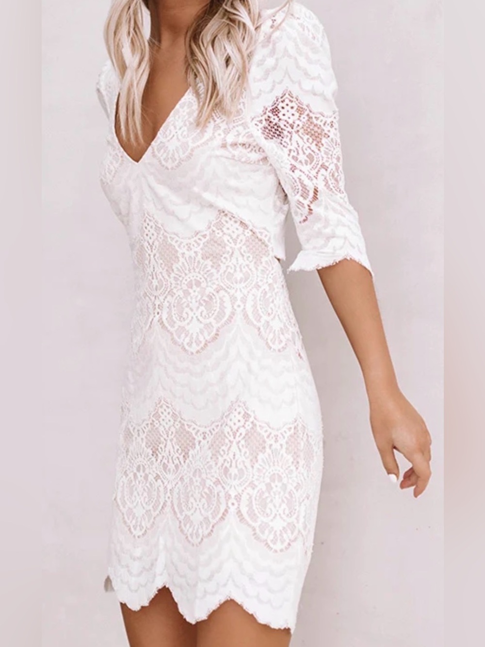 Just Me Elegant White Lace & Beige V-Neck Dress